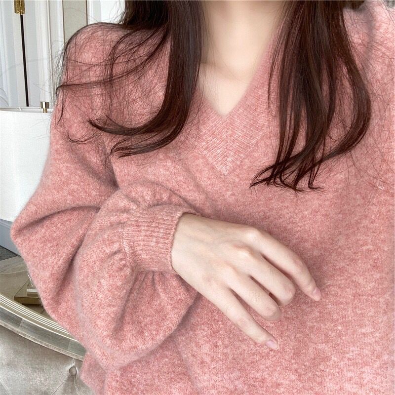 Áo sweater Dệt Kim Tay Phồng Cổ Chữ V Dáng Rộng Thời Trang Thu Đông Hàn Quốc Mới 2022 Dành Cho Bạn Nữ