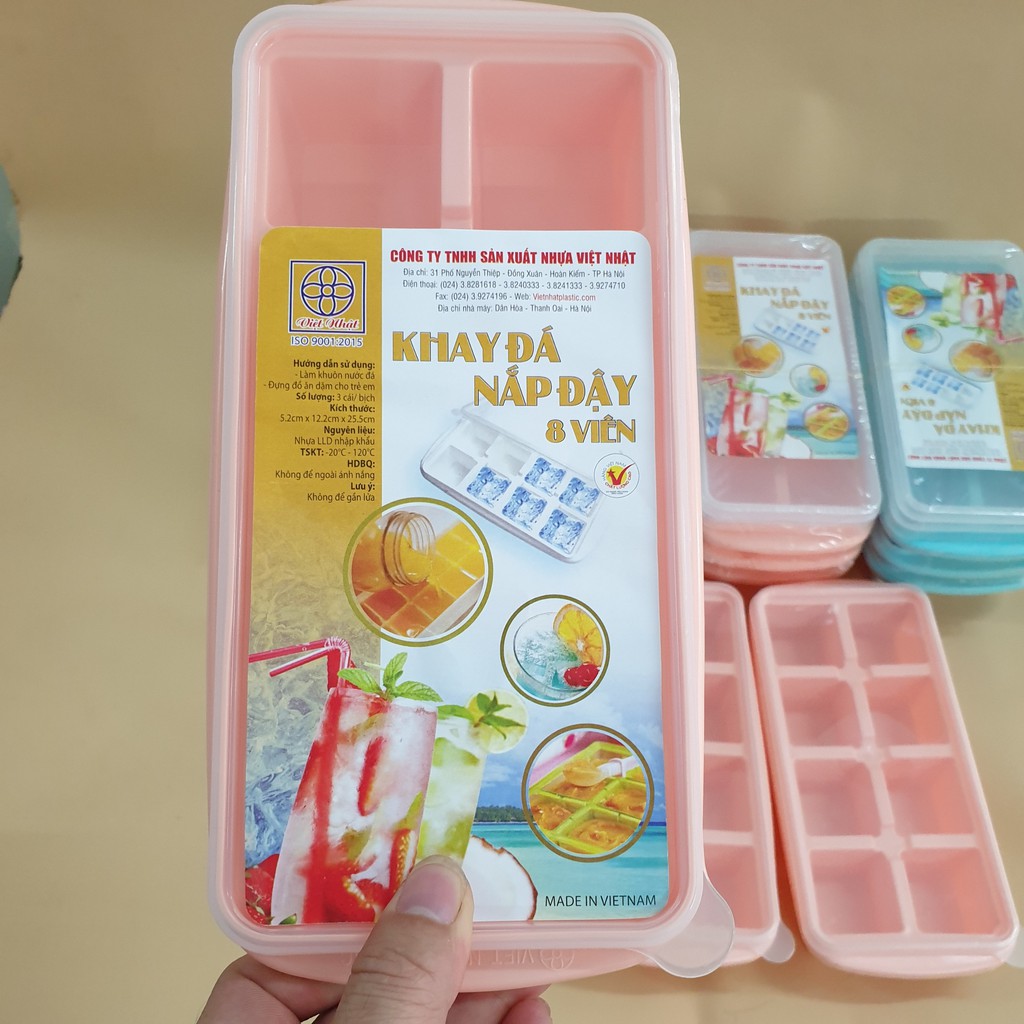 Khay làm đá có nắp chính hãng Việt Nhật, vỉ làm đá loại 8 viên có nắp đạy, chất liệu nhựa dẻo cao cấp