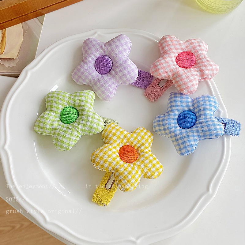 [MỚI] Kẹp tóc bọc vải đính bông hoa caro cỡ lớn màu pastel phong cách Hàn Quốc siêu xinh cho bé