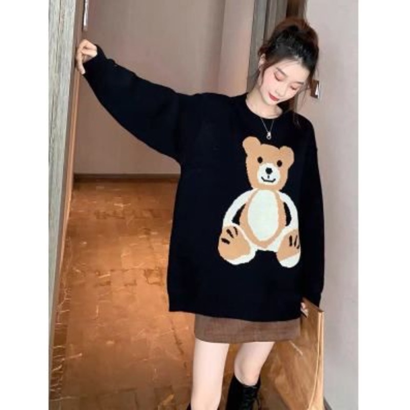 Áo sweater dệt kim dáng rộng in hình gấu hoạt hình phong cách Hàn Quốc