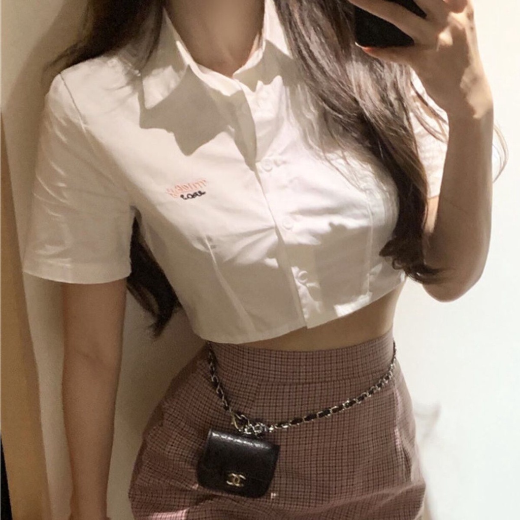 Áo Croptop Tay Ngắn Cổ polo Màu Trắng Thời Trang Mùa Hè Quyến Rũ Cho Nữ