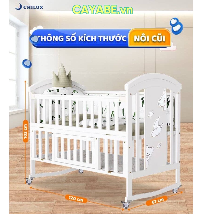 Nôi cũi gỗ cho bé đa năng CHILUX PEACE gấu con Teddy Bear 6 trong 1 màu trắng, giường cũi em bé sơ sinh gấp gọn
