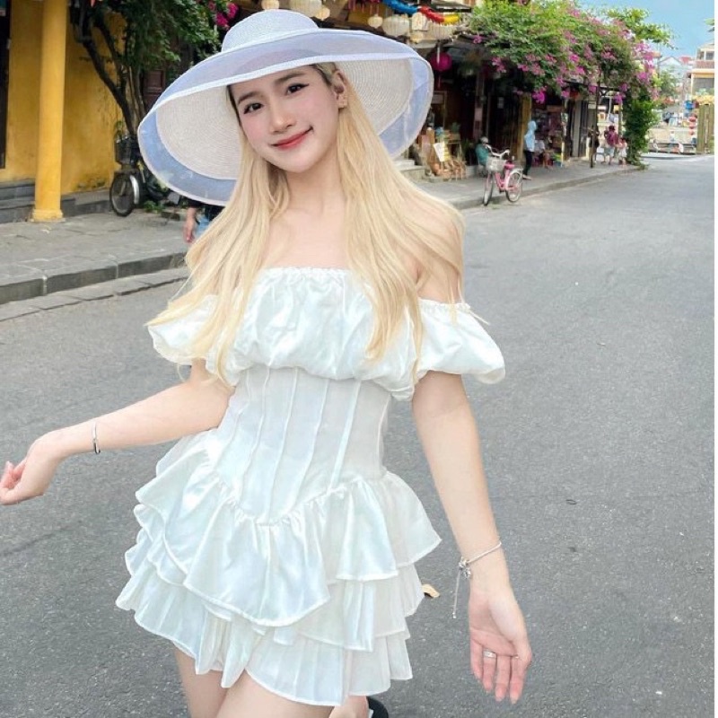 Áo Trễ Vai Thô Tay Phồng Xếp Ly Eo Thời Trang