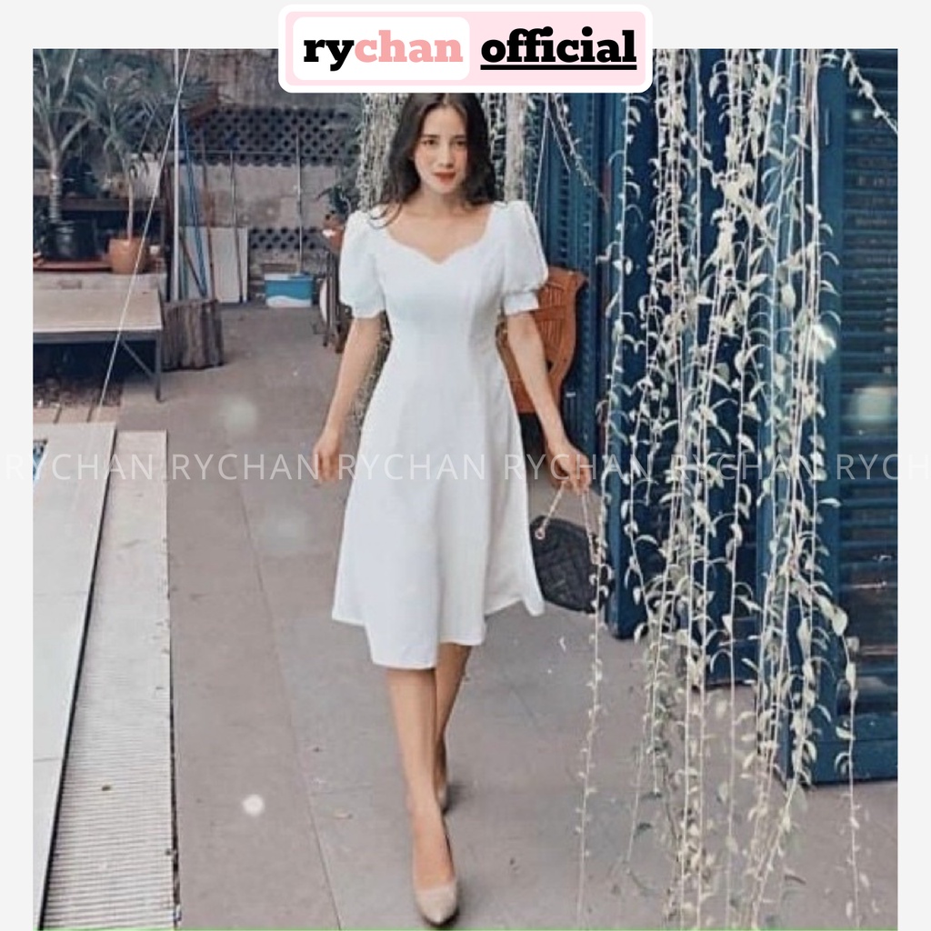 Đầm Dự Tiệc Sang Chảnh Dáng Dài Cổ V Tay Ngắn Phồng Tôn Dáng Màu Đỏ Trắng - DX9937