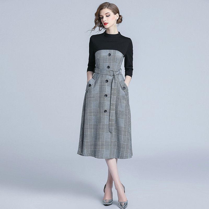 Women's Fashion High Quality Midi Paneled Check Dress With Belt | BigBuy360 - bigbuy360.vn