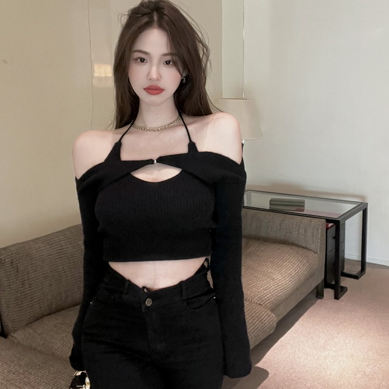 Set Áo Croptop Áo Thun Dài Tay Dây Màu Sắc Đơn Giản + Áo Khoác Cardigan Dệt Kim Thiết Kế Thanh Lịch Cho Phái Nữ