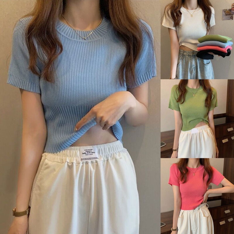 Áo Thun Dệt Kim Tay Ngắn Cổ Tròn Màu Sắc Đơn Giản Thời Trang Mùa Hè Cho Nữ
