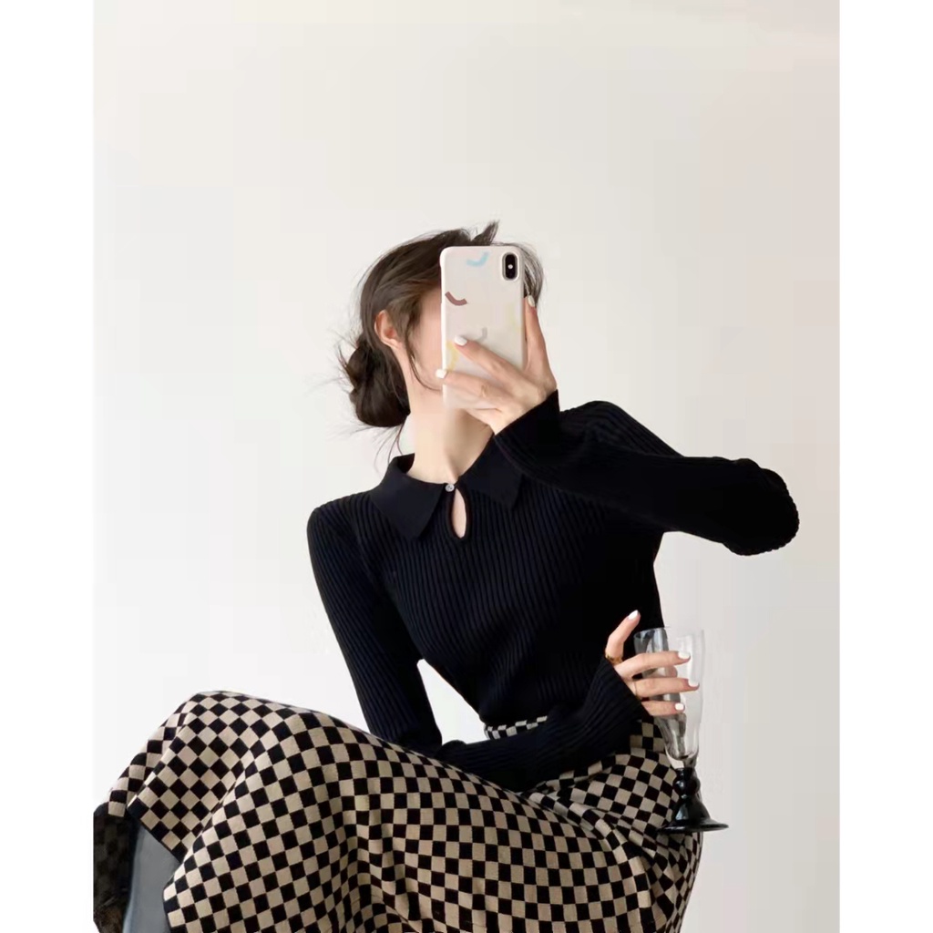 Áo sweater dệt kim cổ bẻ màu trơn phong cách retro thời trang mùa đông dễ phối đồ cho nữ