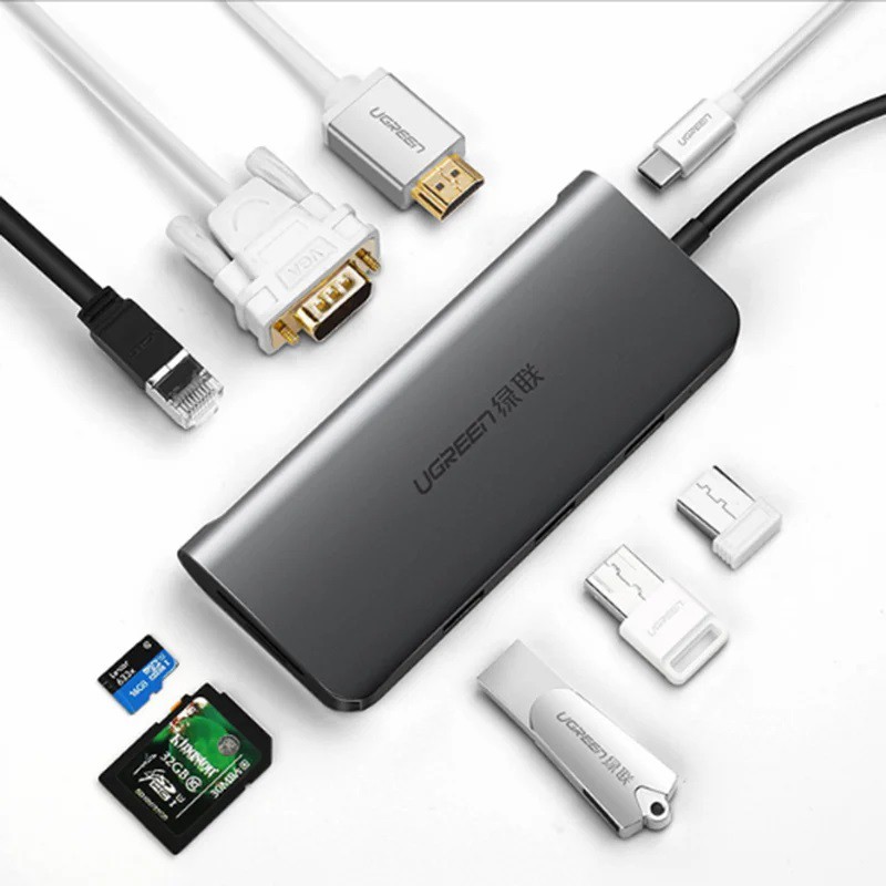 BỘ CHIA USB TYPE-C RA 3 USB 3.0 CHUYỂN TÍN HIỆU HDMI VGA - THẺ NHỚ SD TF LAN GIGABIT UGREEN