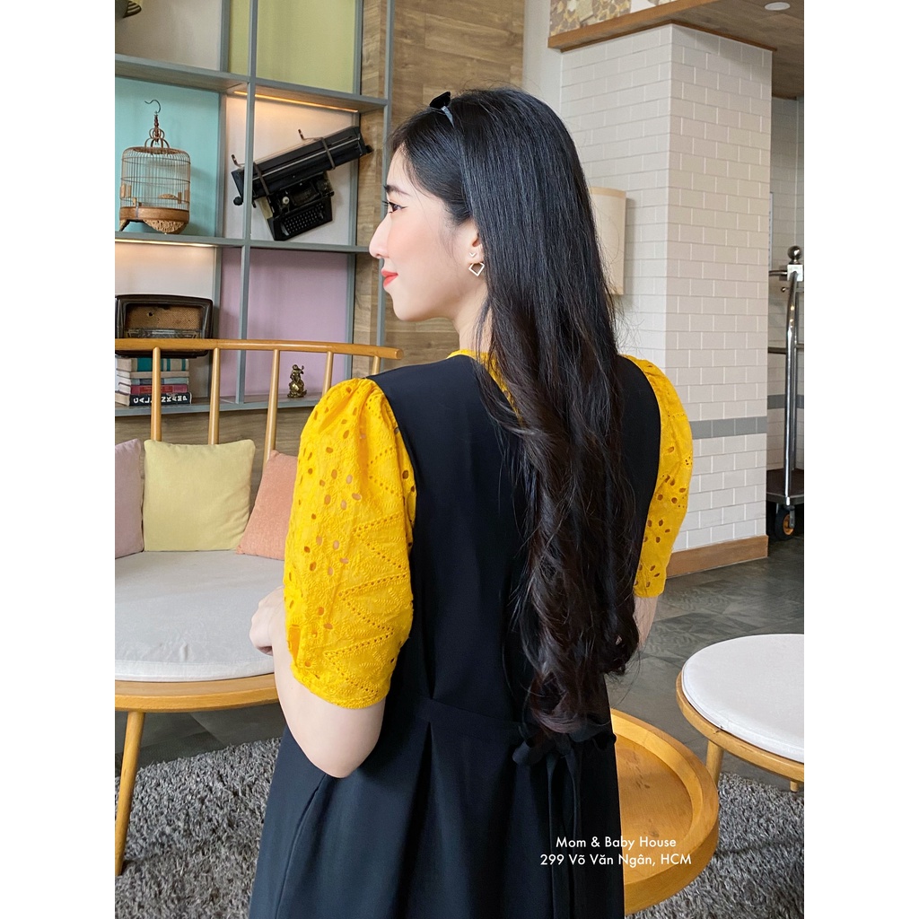 Đầm bầu đen suông tay ren thêu phồng
