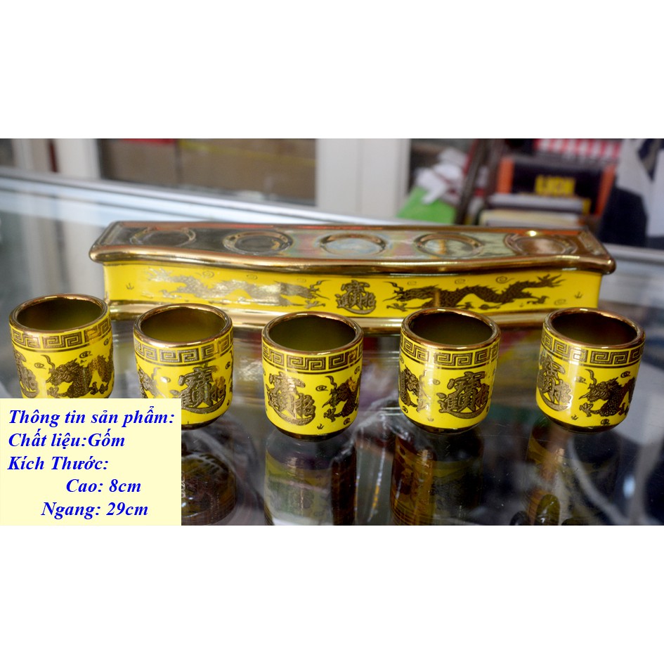Án năm-Bộ năm ly nước thờ cúng rồng vàng 3D 29cm