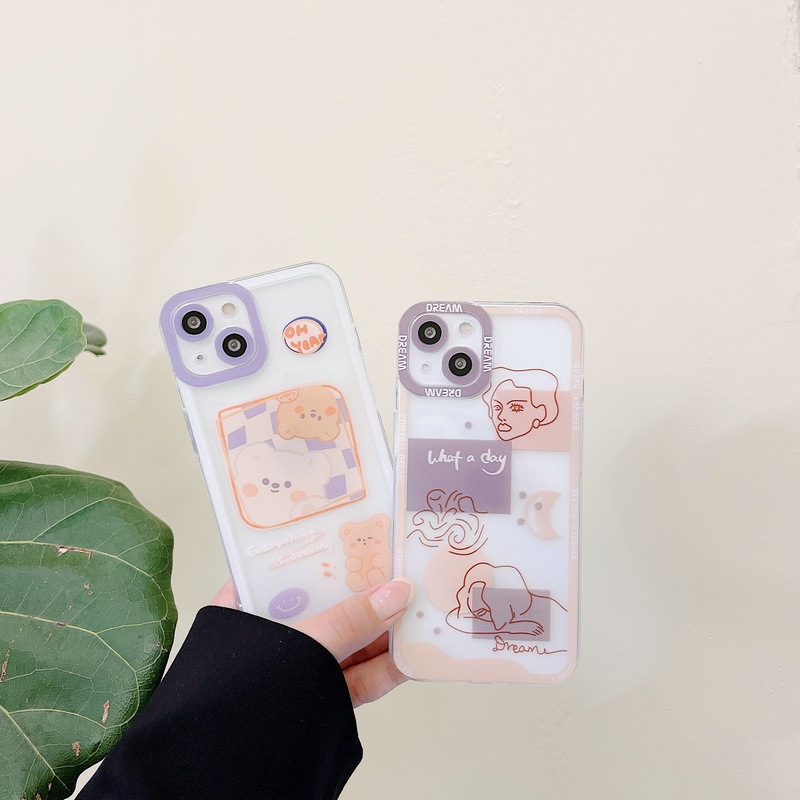Casing Xiaomi Redmi Note 11 11S 10 10S 9S 8 7 Pro 4G 5G 9A 9C 9 Mi POCO F3 M3 9T 11T Pro K20 Cartoon Art Line Girl Bear Straight Edge Clear Soft Phone Back Case Cover JSC 06