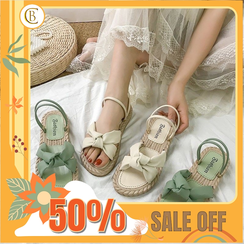 Dép sandal nữ cói nơ đế bằng xanh và be