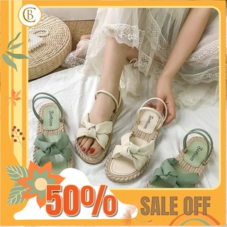 Dép sandal nữ, dép quai hậu, dép cói kết nơ đế bằng hai màu xanh và be kiểu dáng nữ sinh phong cách Hàn Quốc