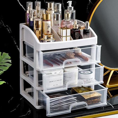 [Hàng Đẹp Có Sticker] Kệ Mỹ Phẩm Để Bàn, Kệ Để Đồ Trang Điểm, Trang Sức 4 Tầng 3 Ngăn Kéo Siêu Đẹp