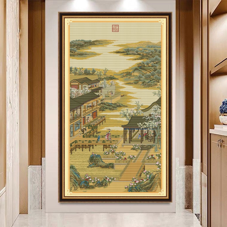 (VẢI NÂU) Tranh thêu chữ thập chỉ lụa phong cảnh 12 tháng Ung chính tháng 2