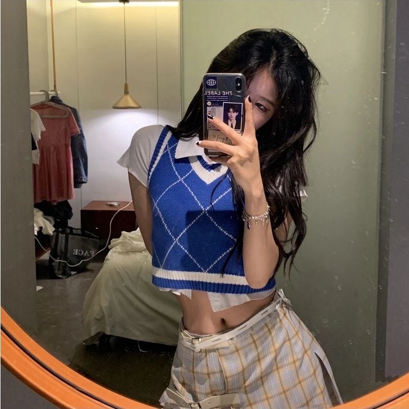Áo Gile Len Cộc Tay Dáng Croptop Form Ôm Kẻ Vuông Nữ