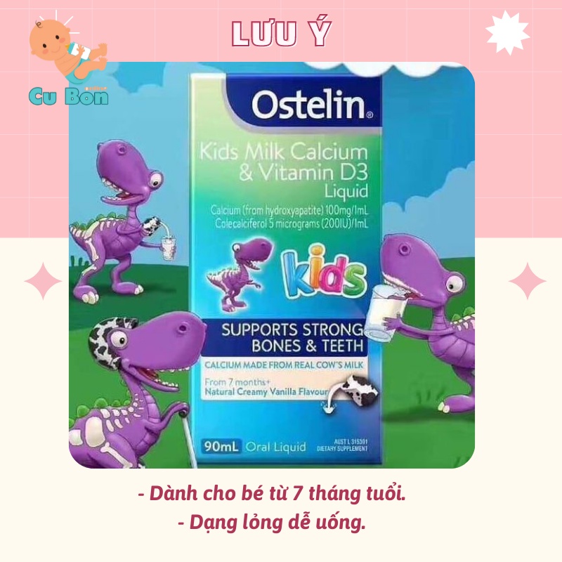 CANXI VÀ D3 Khủng Long Dạng Nước cho bé Ostelin Kids Milk Calcium và Vitamin D3 liquid 90ml cho bé từ 7 tháng tuổi