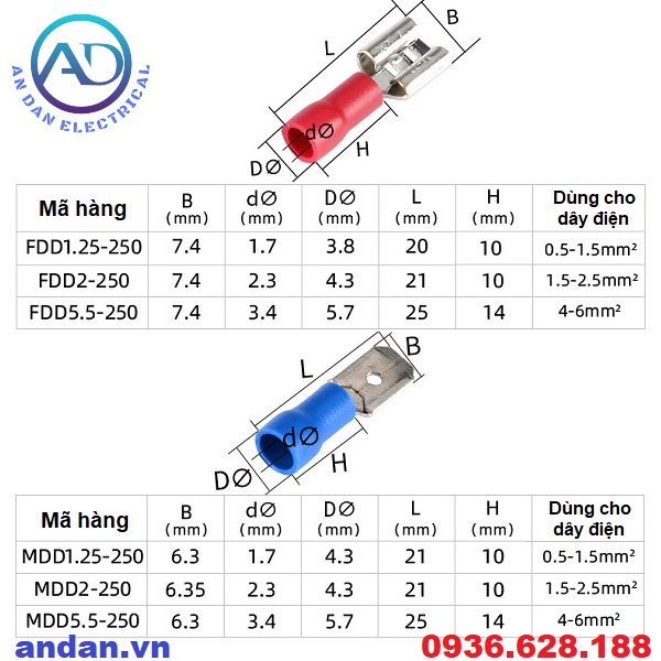 Đầu Cốt Đực Cái Ghim MDD 1.25-250 2-250 5.5-250, 100 hoặc 50 cặp, Cốt âm dương đầu ghim dẹt, cosse bấm nối dây điện