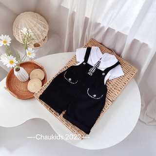Yếm kaki 2 túi cà vạt kẻ cho bé