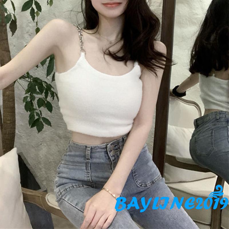 BAY-Áo croptop cổ chữ U màu trơn dây xích kim loại cho nữ