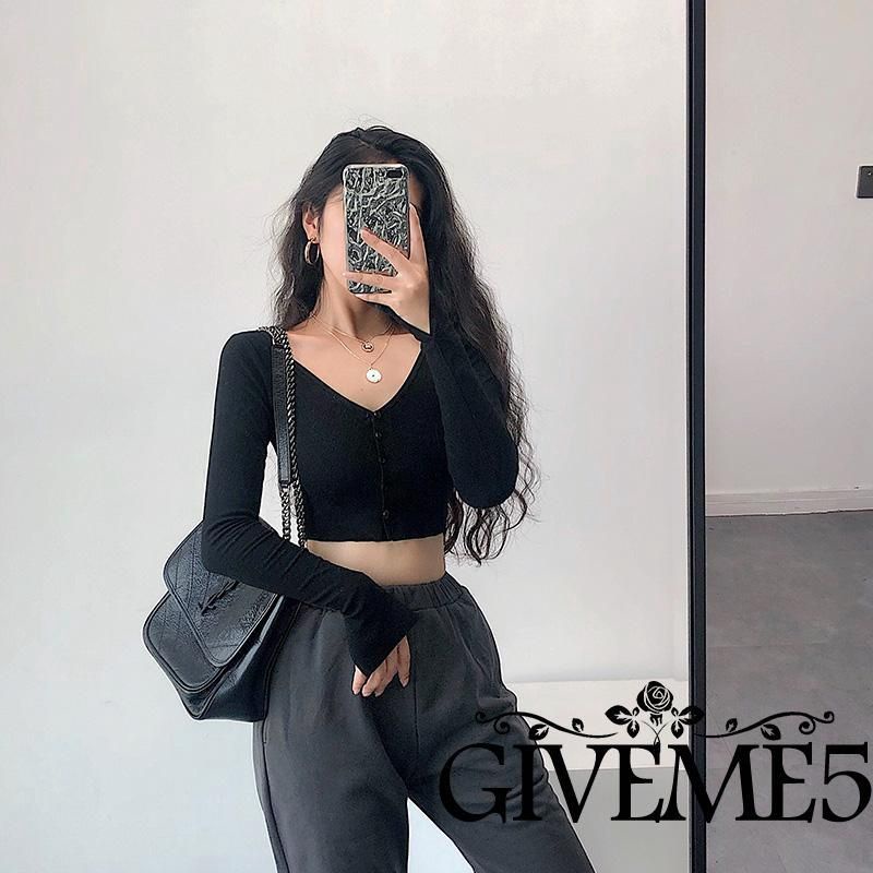 Áo Croptop Tay Dài Phối Cổ Chữ V Quyến Rũ LaCa E1-1 Áo Len Tăm Cổ V Dài Tay