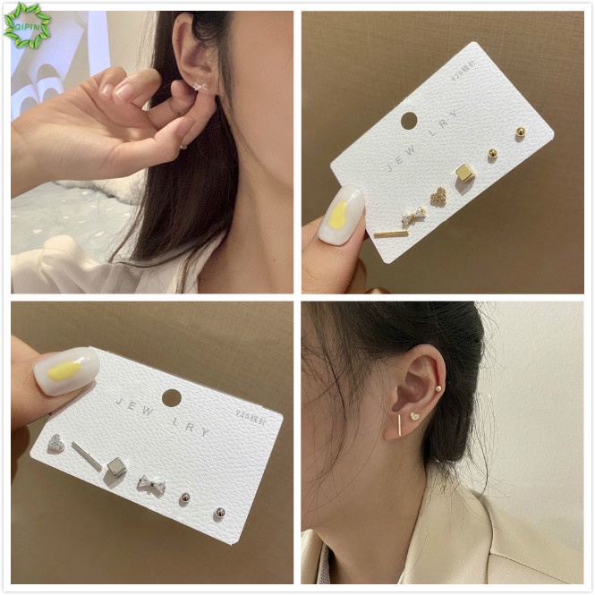 Cod Qipin 6pcs/Set Copper Material Minimalist Geometic Zircon Bow Heart Earrings Set Ear Stud Jewelry