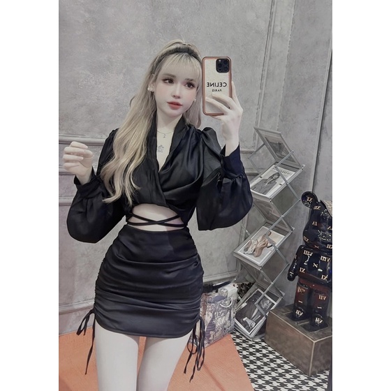 Set Lụa Áo Đan Dây Eo Chân Váy Rút Thiết Kế