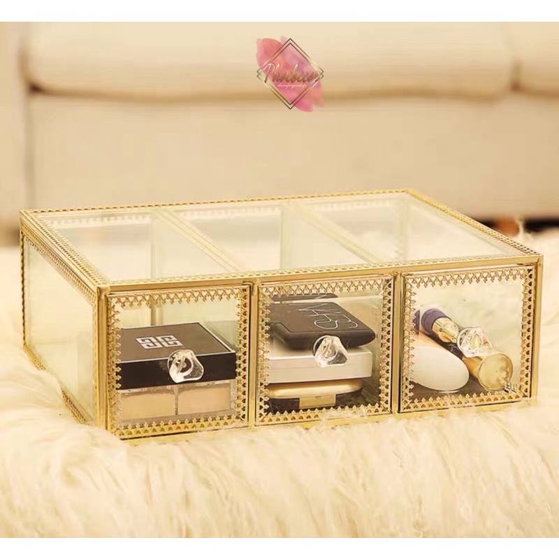 Khay để mĩ phẩm, trang sức thuỷ tinh viền mạ vàng cao cấp - PB66