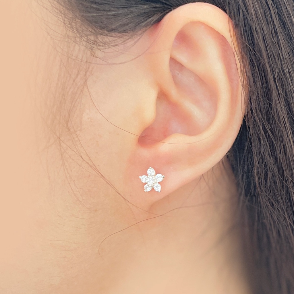 Khuyên tai bạc đính đá hình hoa mai 5 cánh CiCi Silver, bông tai bạc 925, bạc thật kèm chốt bạc