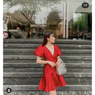 ĐẦM GẤM CỔ V TAY PHỒNG