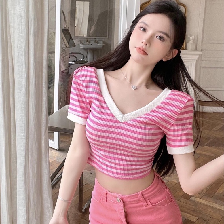 Áo Thun Dệt Kim Trễ Vai Họa Tiết Kẻ Sọc Phong Cách Quyến Rũ