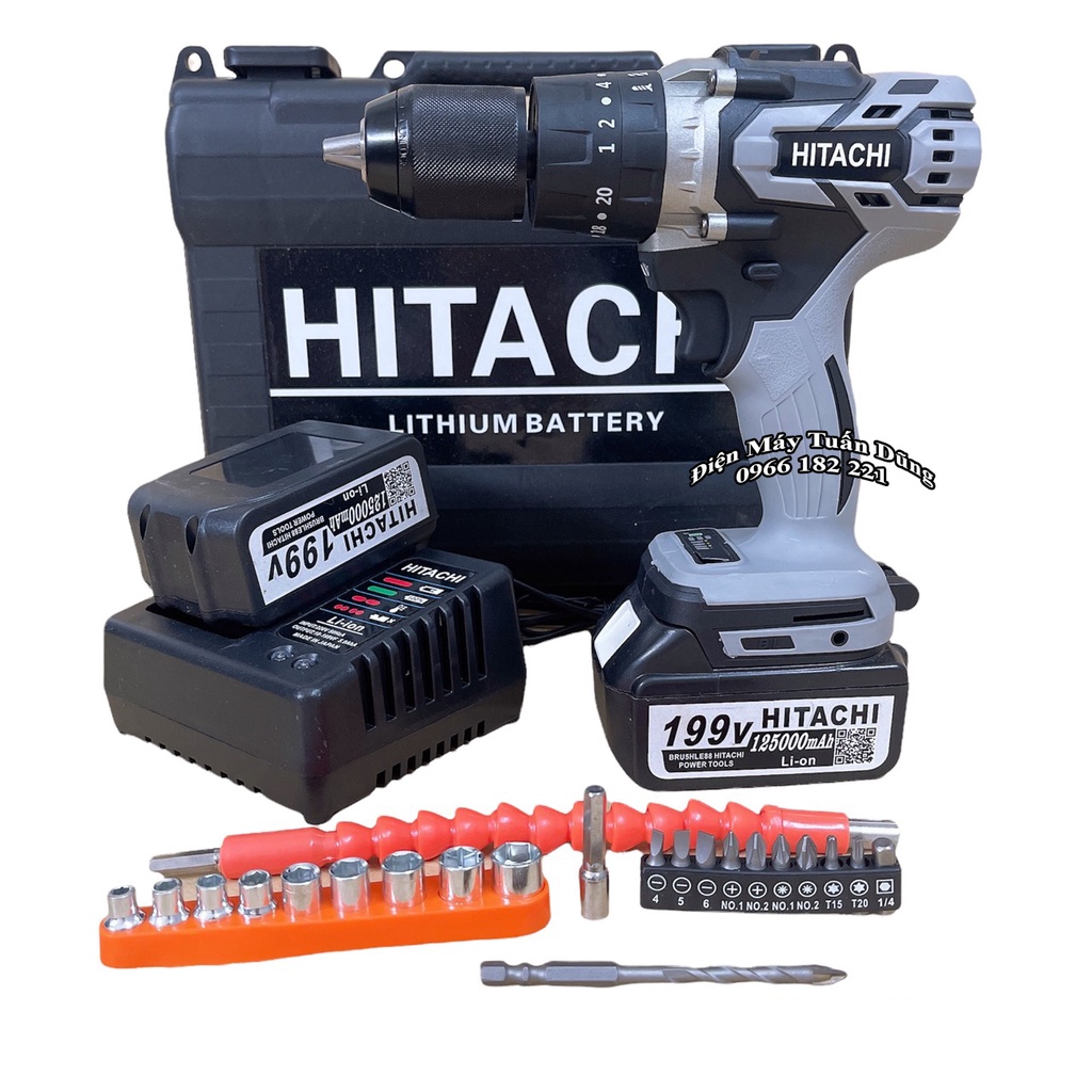 Máy Khoan Pin Hitachi 199V, 2 PIN, 100% DÂY DỒNG, KHÔNG CHỔI THAN Tặng 22 chi tiết