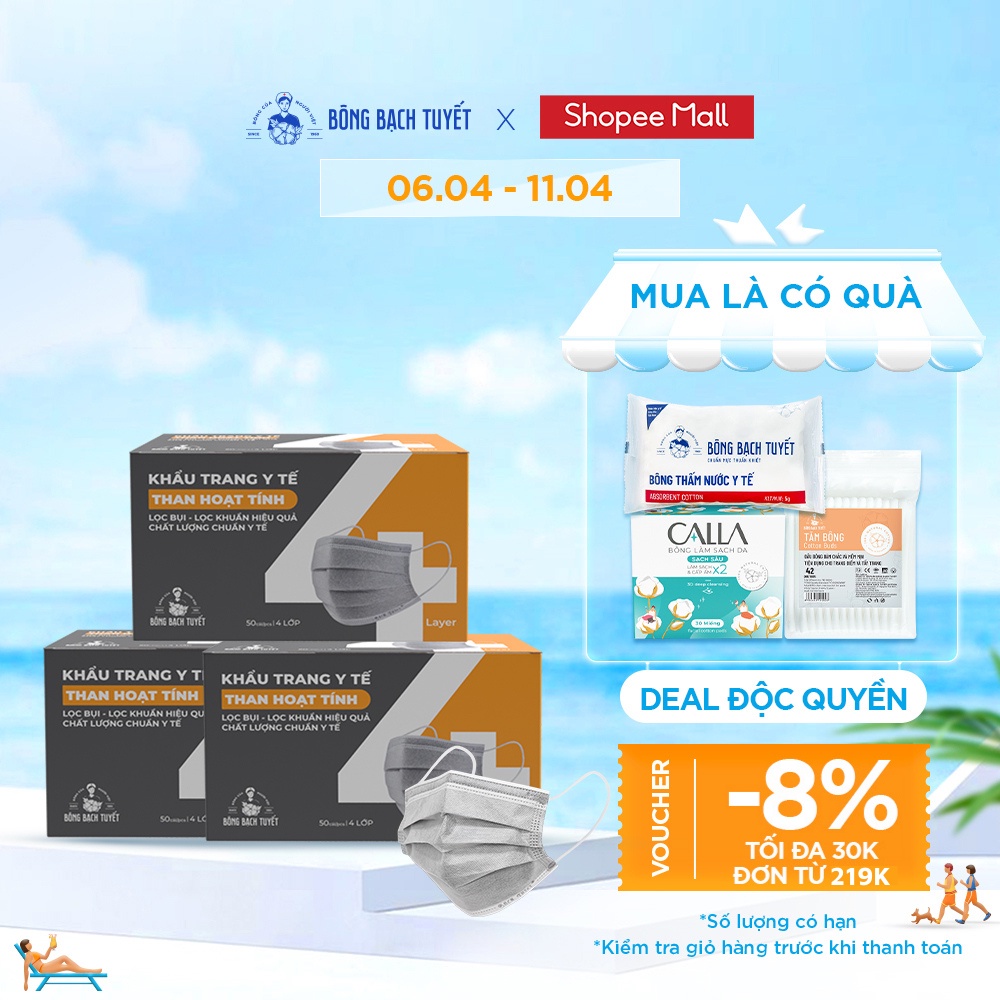 Combo 3 Hộp Khẩu trang Bông Bạch Tuyết than hoạt tính (50 cái/hộp)