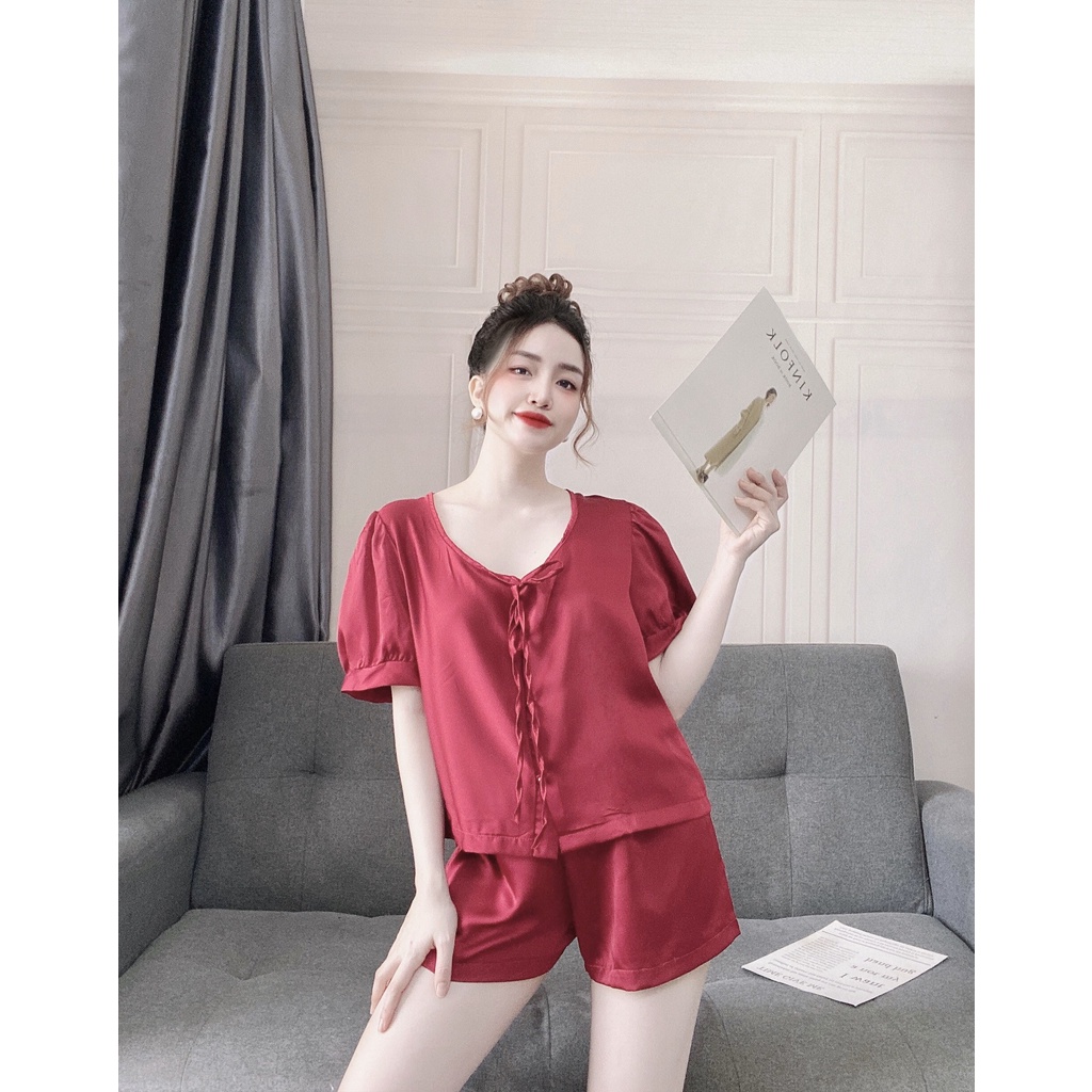 Đồ ngủ mặc nhà tay ngắn Hoàng Tình Store lụa satin cao cấp mềm mại thoáng mát đính nút ngọc xinh xắn Freesizei