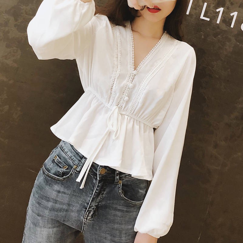 ins super fire little fairy white lantern sleeve retro palace shirt v-neck blouse female summer and autumn new style