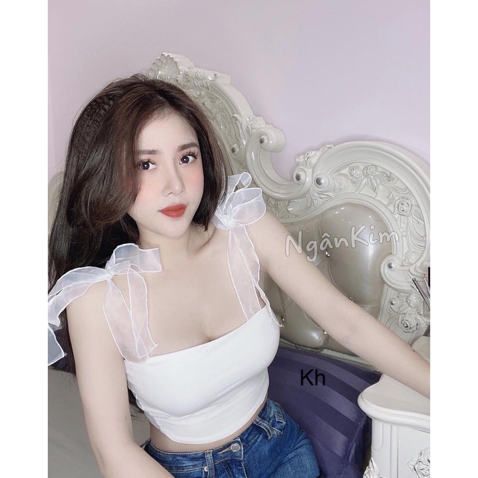 Áo 2 dây dáng croptop phối ruy băng buộc nơ vai xinh xắn dáng croptop, đủ màu, chất bpzip mề