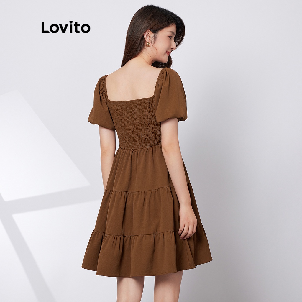 Đầm Lovito chữ A tay phồng may nhún chun màu trơn thường ngày L29ED022 (màu nâu mocha)