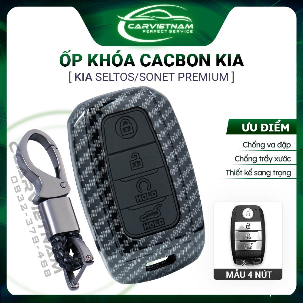 Ốp Chìa Khóa KIA Sonet, Seltos 2022 (Mẫu 4 Nút) - Bọc Khóa Vân Carbon Cao Cấp Cho Ô Tô