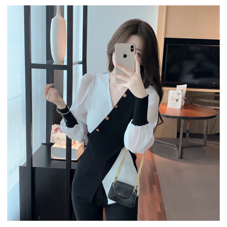 Áo kiểu ZHELIHANGFEI chiffon tay dài phồng cổ chữ V thời trang dành cho nữ