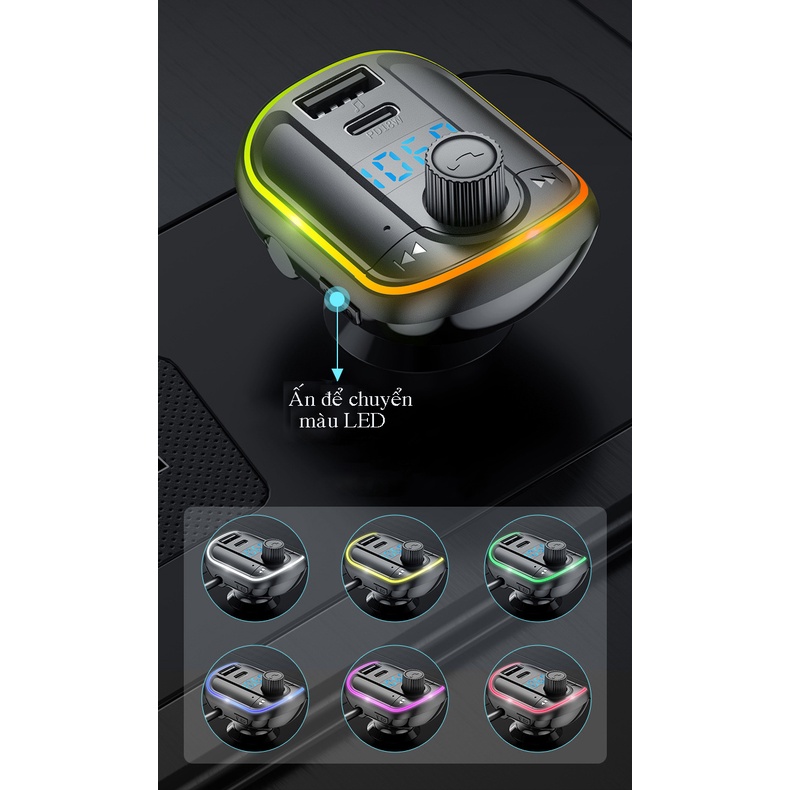 Tẩu phát nhạc Bluetooth 5.0 cao cấp T829 có sạc nhanh Type c PD 18W led nhiều màu
