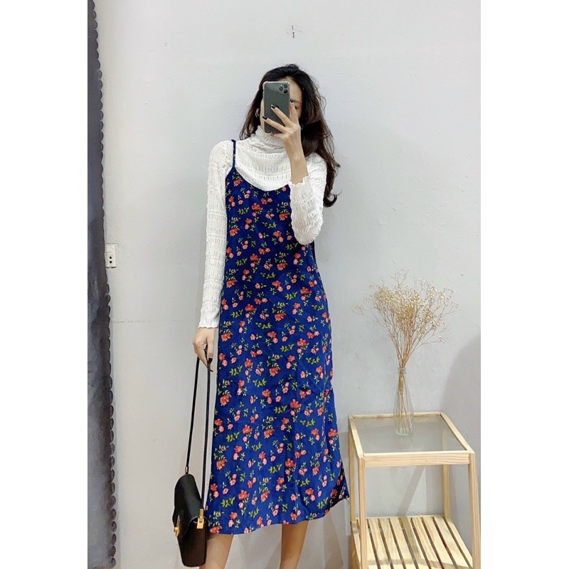 Váy hai dây hoa nhí vải nhung tăm suông A  VKE 9176-9 Ulzzang style 🌸 Hàng Quảng Châu