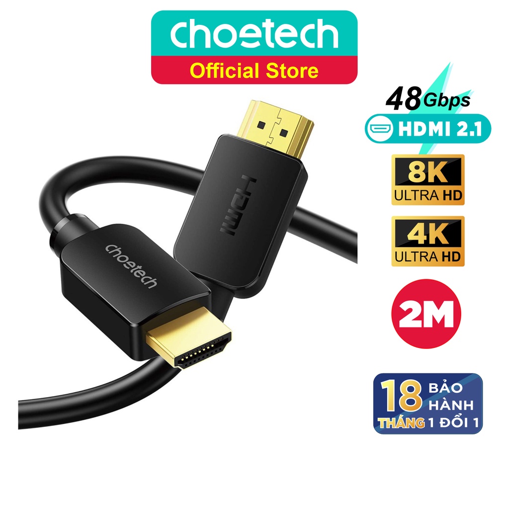 Dây Cáp HDMI 2.1 CHOETECH XHH03-BK Dài 2M Phân Giải Tối Đa 8K 48Gbps, 4K 120Hz  - Hàng Chính Hãng