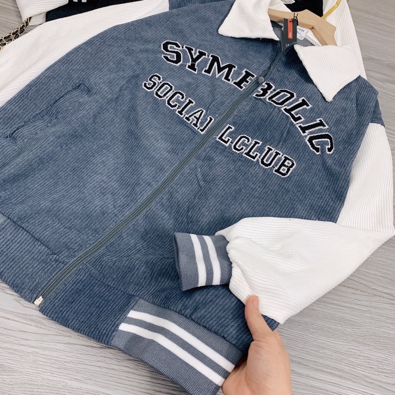 Áo Bomber Nhung Tăm 1 Lớp Áo Khoác Khoá Cổ Bẻ Thêu Chữ Cá Tính