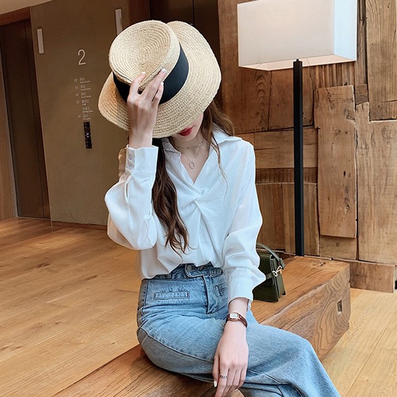 Xiaozhainv Áo kiểu nữ tay dài dáng rộng màu trơn hợp thời trang | BigBuy360 - bigbuy360.vn