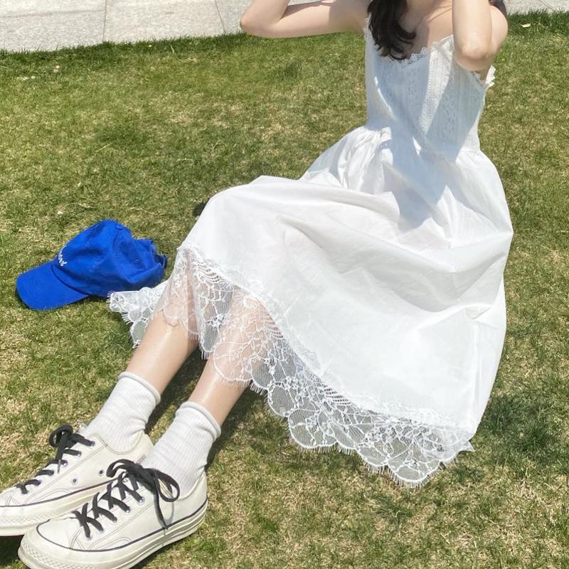 Váy maxi hai dây viền ren, đầm maxi phối ren xinh xắn  - V30FG