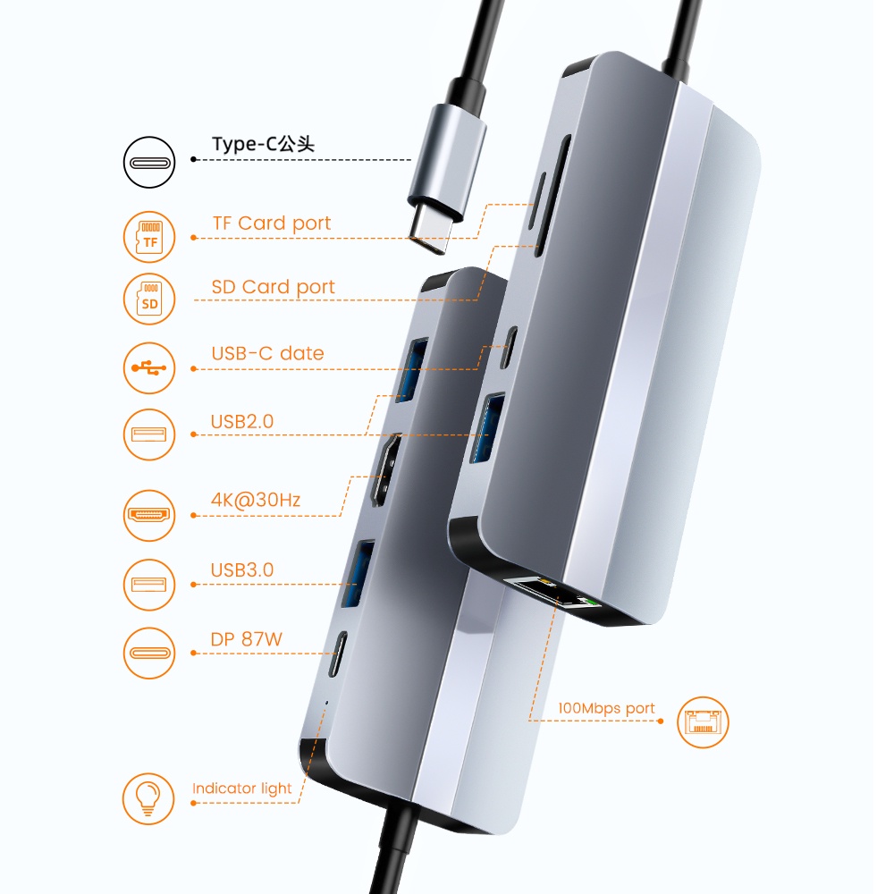 Hub Chuyển Đổi USB Type C Sang HDMI RJ45 VGA SD 100W USB 3.0 Cho MacBook Pro