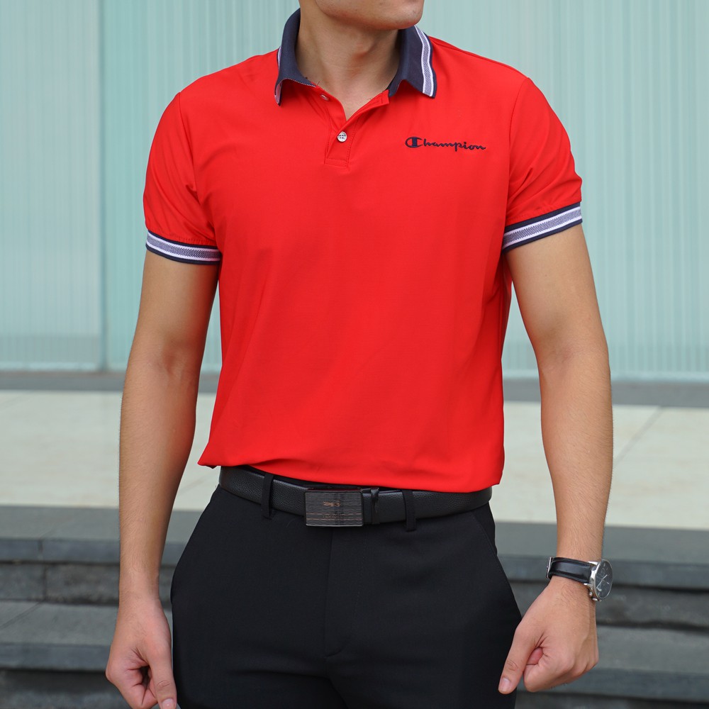 Áo thun nam POLO thêu chữ Champion cotton lạnh sang trọng đỏ- Glory A30521DO