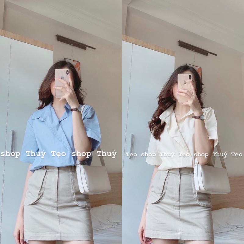 [XẢ HÀNG] Áo sơ mi cổ vest chéo - Áo sơ mi nữ trơn cách điệu