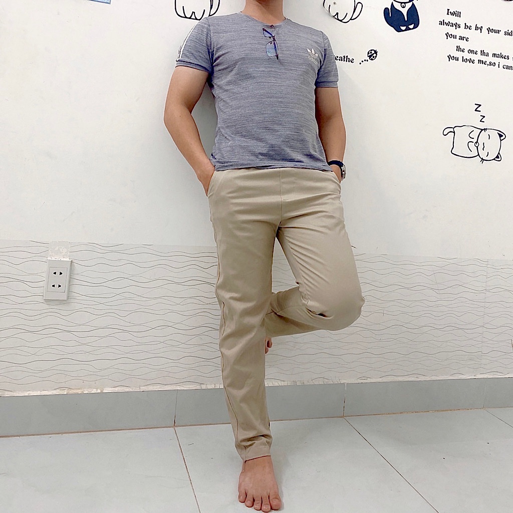 Quần kaki nam ống suông lưng thun vải co giãn